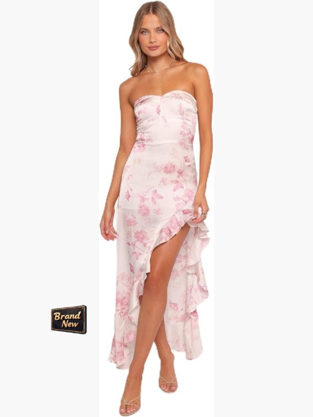 Strapless Sweetheart Midi Dress Floral A-Line Sleeveless Summer